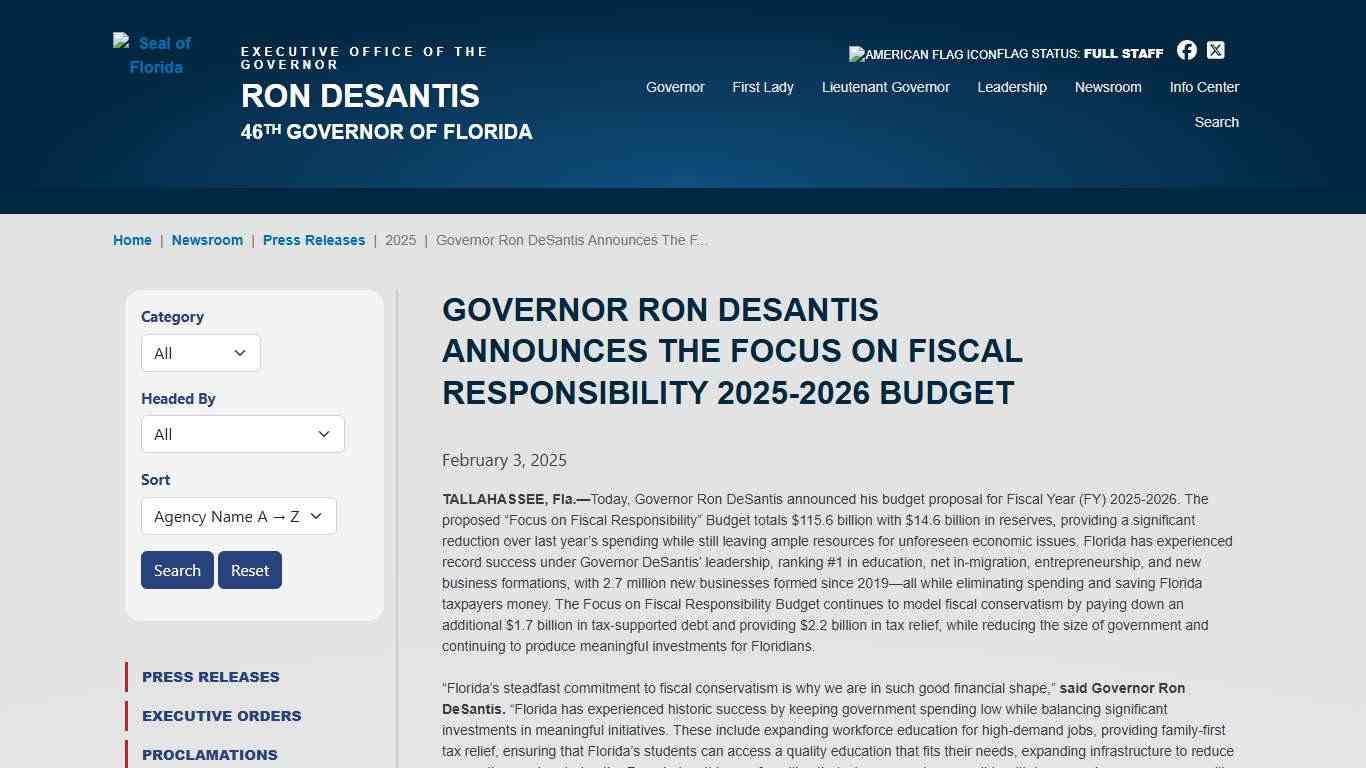 Governor Ron DeSantis Announces the Focus on Fiscal Responsibility 2025-2026 Budget Executive Office of the Governor